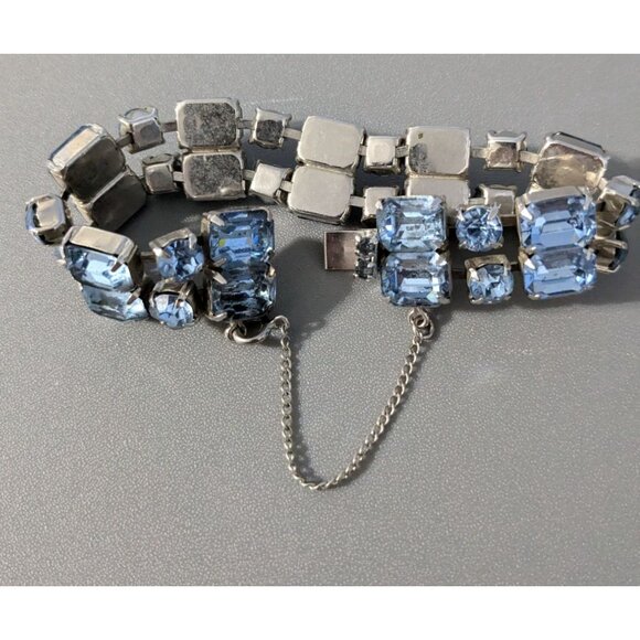 Vintage Silver Tone Blue Crystal Bracelet With Safety Clasp - Picture 3 of 9